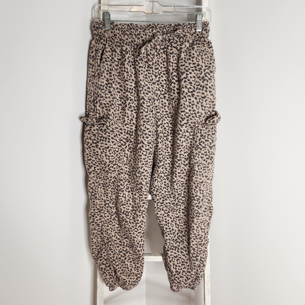 Aerie Pants women small animal print cargo tie waist joggers linen Viscose blend